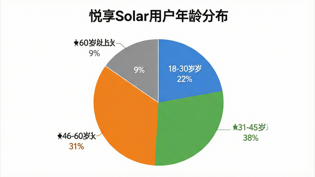 一张展示“悦享Solar”用户年龄分布的饼状图。图表标题为“悦享Solar用户年龄分布”,饼图分为四个扇区,分别标注“18-30岁 22%”“31-45岁 38%”“46-60岁 31%”“60岁以上 9%”,颜色分别为蓝色、绿色、橙色、灰色。图表风格简洁现代,背景白色,文字清晰,画质干净无多余元素。