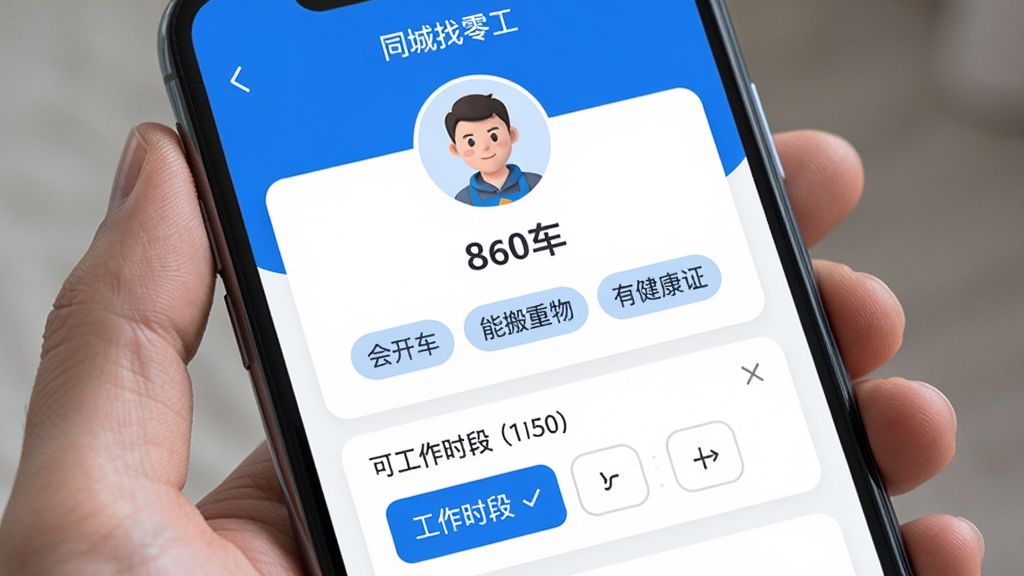 �ֻ���Ļչʾͬ�����㹤��������ҳ�棬����ͷ�����������ܱ�ǩ�硰�Ὺ���������ܰ���������н���֤�����Լ��ɹ���ʱ���ѡ�񣬽�����Ƽ�࣬������ɫ����Ƭʽ���֣������������޶���Ԫ��