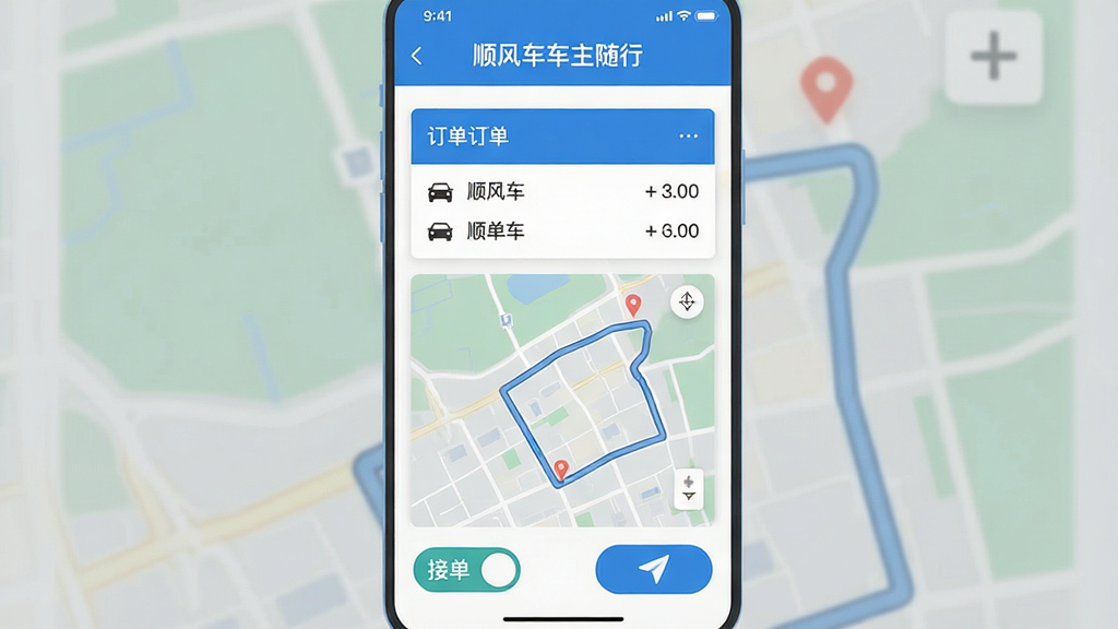 һ���ֻ�Ӧ�ý����ͼ����������չʾ��˳�糵�������С�APP�������棬������ʾ��˳�糵�������С����ֱ��⣬�м��Ƕ����б��͵�ͼ·��ʾ��ͼ���ײ��нӵ����غ͵�����ť�����岼��������������ɫ������ִ���ƽ�����ʸɾ����޶���Ԫ�ء�
