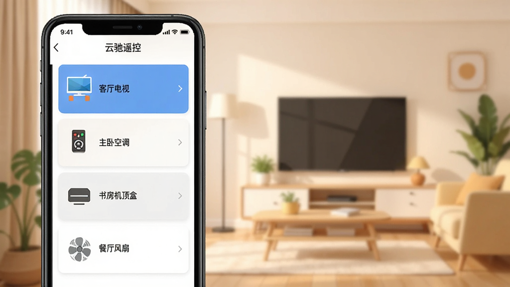 һ��չʾ�Ƴ�ң�ض��豸���������ͼƬ��������һ���ֻ���Ļ��ʾ���Ƴ�ң�ء�APP���豸�б����б����С��������ӡ������Կյ������鷿�����С����������ȡ��ĸ�ң������Ƭ��ÿ����Ƭ�ж�Ӧͼ������ƣ���������ܰ�ļ�ͥ����������ִ���ƽ�����ʸɾ����޶���Ԫ��