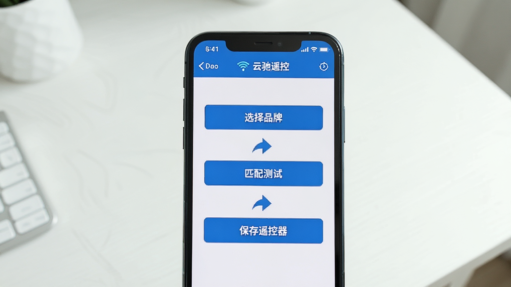һ��չʾ�Ƴ�ң�����ֲ��������ͼƬ��������һ���ֻ���Ļ��ʾ���Ƴ�ң�ء�APP������ң�������棬��Ļ���С�ѡ��Ʒ�ơ���ƥ����ԡ�������ң��������������ָʾ���Ա��м�ͷ�����������Ǹɾ������棬�����ֱ�ۣ������������޶���Ԫ��