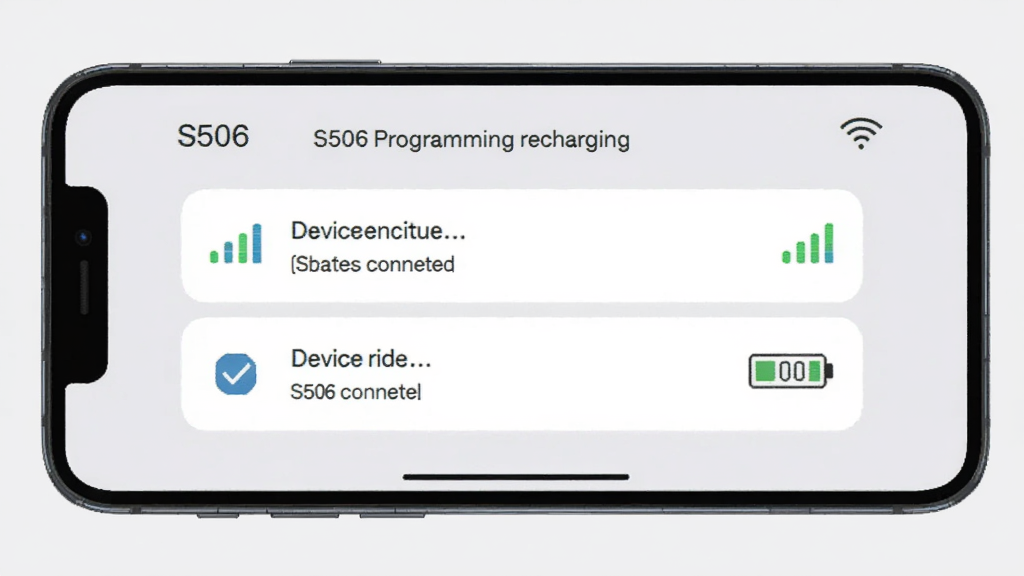 S506 programming recharging �����Զ�ɨ�貢����S506�豸�Ľ��棬�ֻ���Ļ��ʾ�����������豸�б�������һ���Ѵ����ӣ��Ա����ź�ǿ��ͼ��͵���С�꣬�����ǵ���ɫ�������Ƽ��У����ʸɾ��޶���Ԫ��