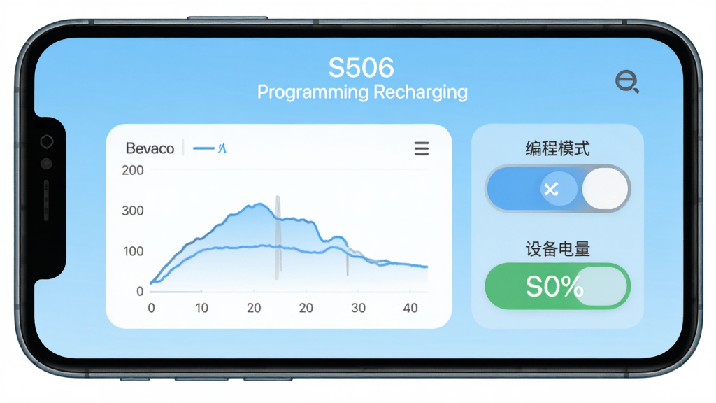 S506 programming recharging ����������չʾ���ֻ���Ļ������ʾ�豸����״̬�ͱ�̲���������壬�����Ǹɾ���ǳ��ɫ���䣬����Ԫ�ذ�������������ͼ�����ģʽ�л���ť���豸�����ٷֱ���ʾ�����岼������������ִ���ƽ��ϸ��Բ�󣬻��ʸɾ��޶���Ԫ��