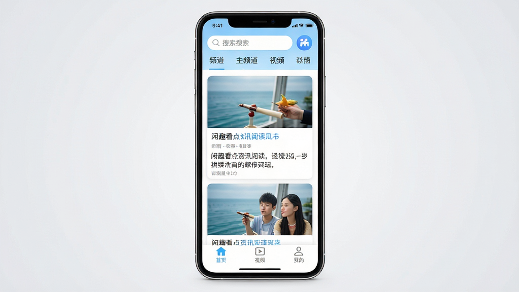 ��Ȥ������Ѷ�Ķ�App������ȫòչʾ���ֻ���Ļ���з��ã���Ļ�ڳ�����ҳ��Ϣ�����֣�����Ϊ��������Ƶ�������ǩ���м���ͼ�Ĳ�ï����Ѷ��Ƭ���ײ�Ϊ��ҳ����Ƶ���ҵ�����������ť���������Լ��ˬ���԰�ɫ��ǳ��ɫΪ��ɫ��������Ϊǳ��ɫ���䣬���ʸɾ����޶���Ԫ��