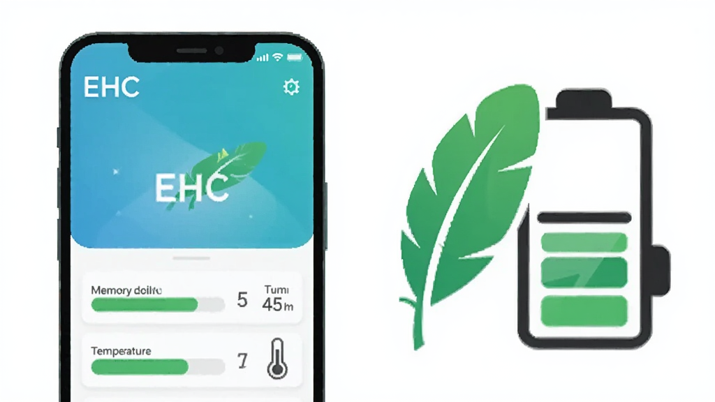 һ��չʾEHC����ʡ�����ԵĴ����ͼ�����������һ���ֻ�����Ļ��ʾEHCӦ�ý��棬�Ҳ���һ����ɫ��ë�͵��ͼ����ϣ�����������ʡ�磬�ֻ��·����ڴ�ռ�������¶ȼ�ͼ�꣬��ʾ����ֵ�������Ǹɾ��İ�ɫ������Լ�Ƽ��У��������������֡�EHC���������ֻ���Ļ���Ͻǣ��޶���Ԫ��