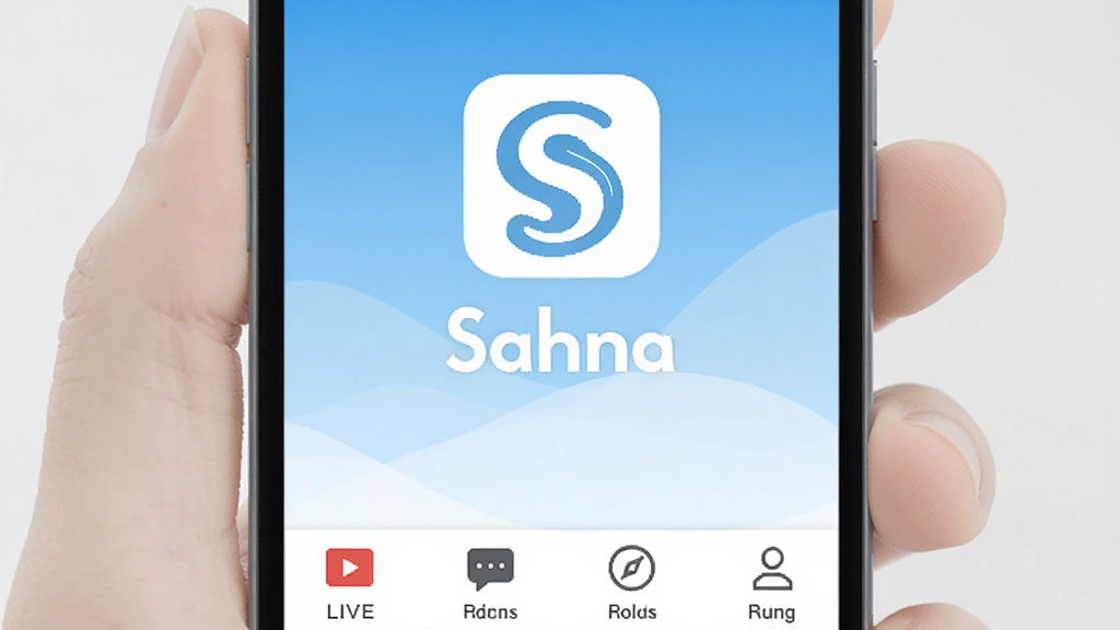 һ��չʾSahna�ֻ�App�������ͼƬ������������Sahna��Logo�����ƣ������Ǽ������׽��䣬�����·�չʾֱ������Ϣ�����֡��ҵ��ĸ��ײ�����ͼ�꣬����ִ���ƽ�����ʸɾ��������޶���Ԫ��