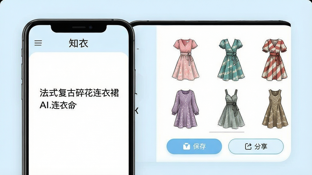 һ�š�֪�¡�App��AI��Ƹ������ܽ����ͼ������չʾһ���ֻ���Ļ����Ļ������û�������ı�����ʽ�����黨����ȹ�����Ҳ���AI���ɵļ��ͬ��ɫ�����ϵ�����ȹ��Ʋ�ͼ����ͼ�·��С����桱�͡���������ť���������࣬��ɫ�԰�ɫ��ǳ��ɫΪ���������ɾ��������������޶���Ԫ��