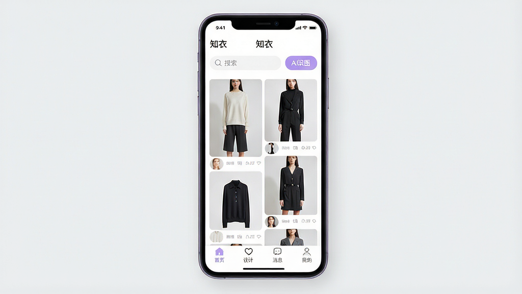 һ��չʾ��֪�¡�App���Ľ�����ֻ�����ͼ�������������ֻ���Ļ����Ļ����ʾ��֪�¡�App����ҳ����ҳ�������������͡�AIʶͼ����ť���м����ٲ�����װͼƬչʾ���ײ��ǵ�������������ҳ����ơ���Ϣ���ҵ��ĸ�ͼ�꣬���������ִ�����ɫ�԰�ɫ��ǳ��ɫΪ���������Ǹɾ���ǳ��ɫ�������������޶���Ԫ��