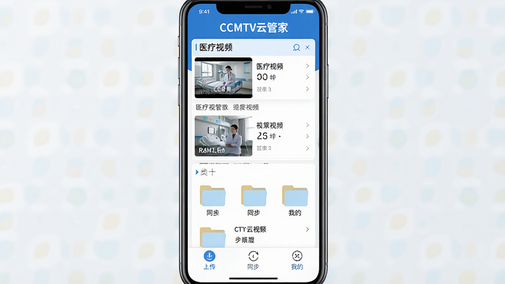 һ��չʾCCMTV�ƹܼ��ֻ�App�������ͼƬ�����涥���С�CCMTV�ƹܼҡ����ֱ�ʶ���м�չʾҽ����Ƶ�ļ��б��ͷ����ļ��У��ײ����ϴ���ͬ�����ҵ��������ܱ�ǩ����������רҵ��������ɫ���ɾ���ˬ�������������޶���Ԫ��