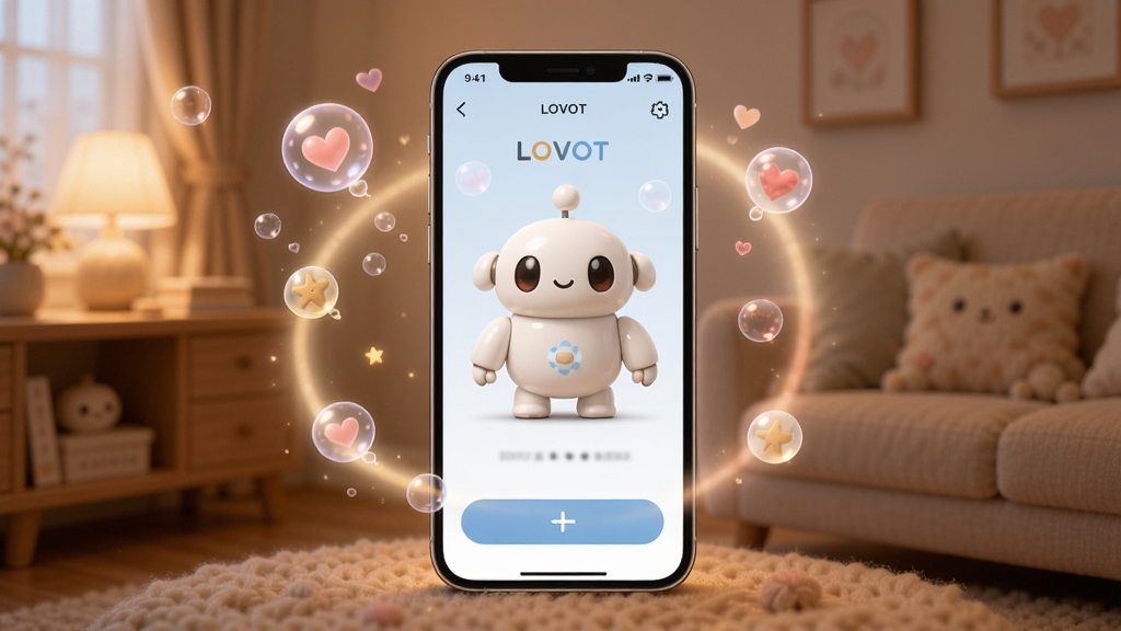һ��չʾLOVOT������������App����ȫò��ͼƬ������������һ�������ֻ����ֻ���Ļ����ʾLOVOTӦ�õ������棬�������пɰ��Ļ���������ͻ�����ť���ֻ���Χ��������͵Ĺ��κͰ������ݣ���������ܰ�ľӼһ����������ů������ϸ�ڷḻ�����ʸɾ����޶���Ԫ��