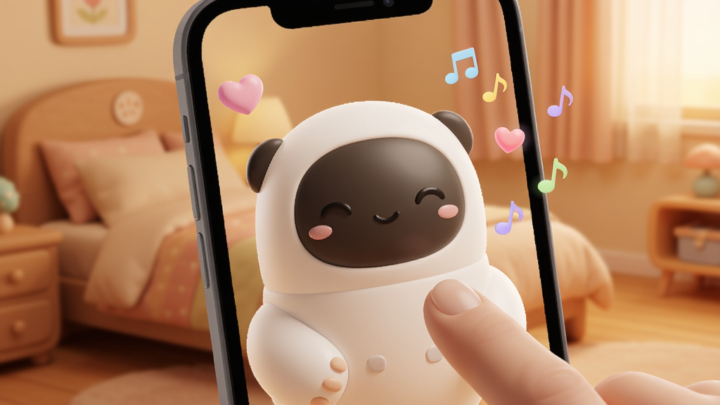 һ��չʾLOVOTӦ������л����������ܵ�ͼƬ��������һֻ�ɰ���LOVOT���������ֻ���Ļ����������΢Ц�ı��飬��Ļ����һ����ָ���ڴ�����Ļ����ΧƮ�Ų�ɫ���ĺ�������������ůɫ�������ң������ܰ�ɰ�������������ϸ��Բ���޶���Ԫ��