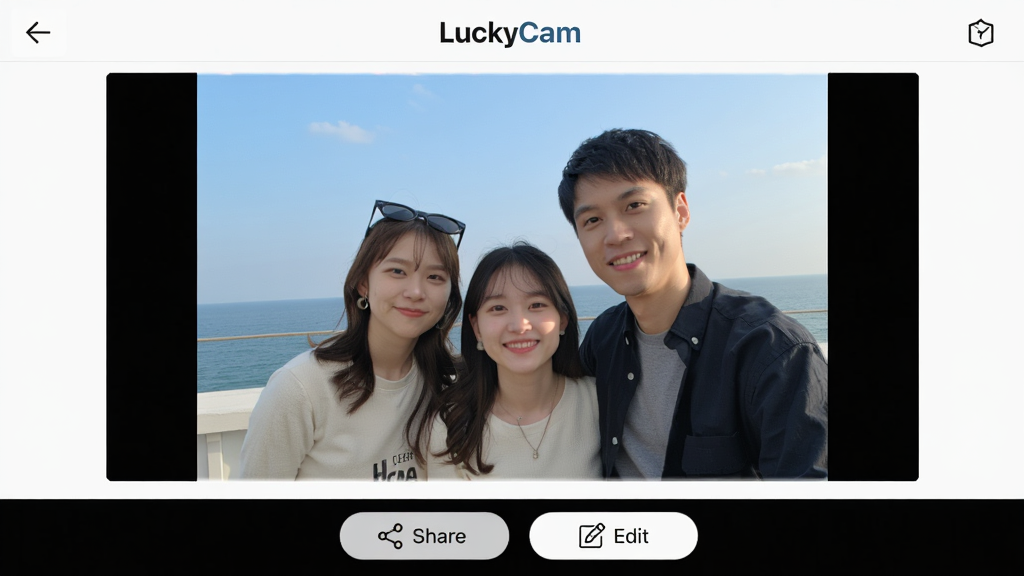 LuckyCam������ɵ���ƬԤ�����棬��Ƭ�ɾ���ˮӡ���ײ��з����ͱ༭��ť��������ˬ�����ּ�࣬���������޶���Ԫ��
