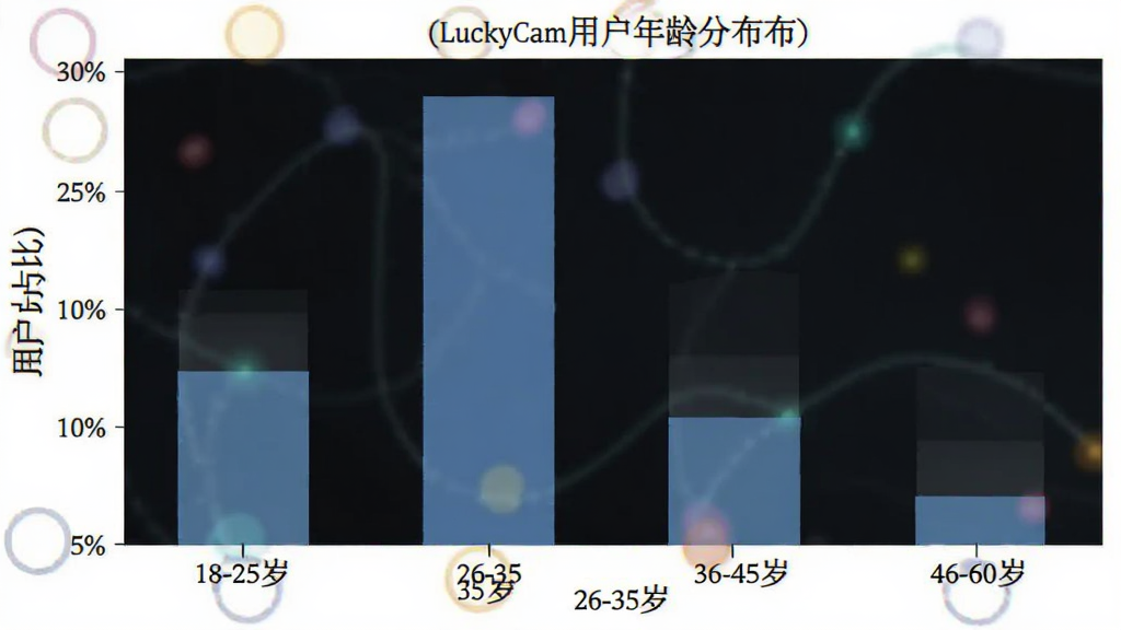 LuckyCam�û�����ֲ���״ͼ������Ϊ�����18-25�ꡢ26-35�ꡢ36-45�ꡢ46-60�꣬����Ϊ�û�ռ�ȣ���״ͼ��ʾ26-35��ռ����ߣ���������ݿ��ӻ������ʸɾ��޶���Ԫ��
