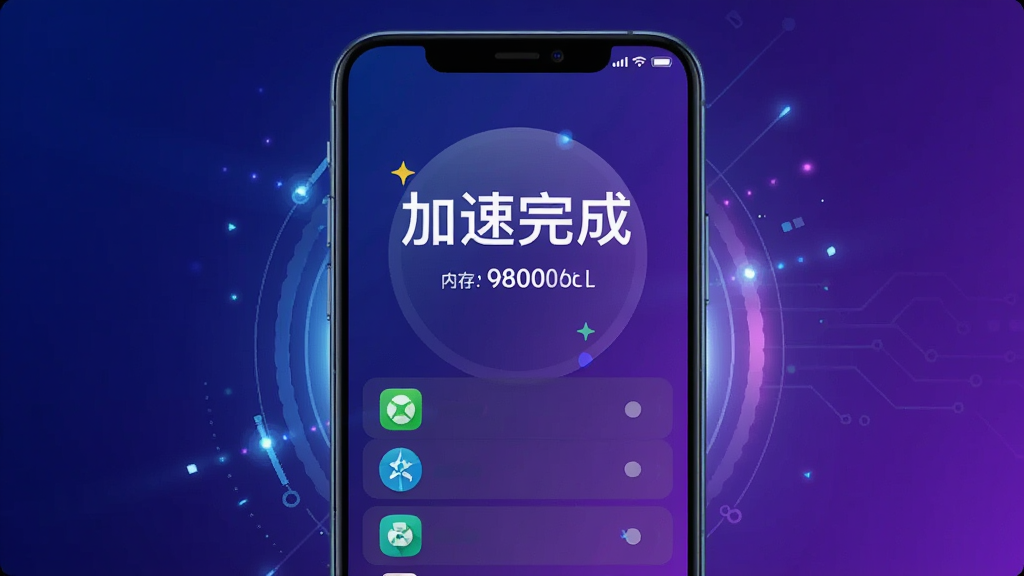һ��չʾ������ϴ�ֻ����ٹ��ܵĽ���ͼ���ֻ���Ļ����ʾ�������ҳ�棬�м���һ����ġ�������ɡ��������ͷŵ��ڴ��С���·��г��ѹرյĺ�̨Ӧ��ͼ�꣬����������ɫ����ɫ�Ľ��䣬���пƼ��еĹ�Ч���������ִ������ʸɾ�����