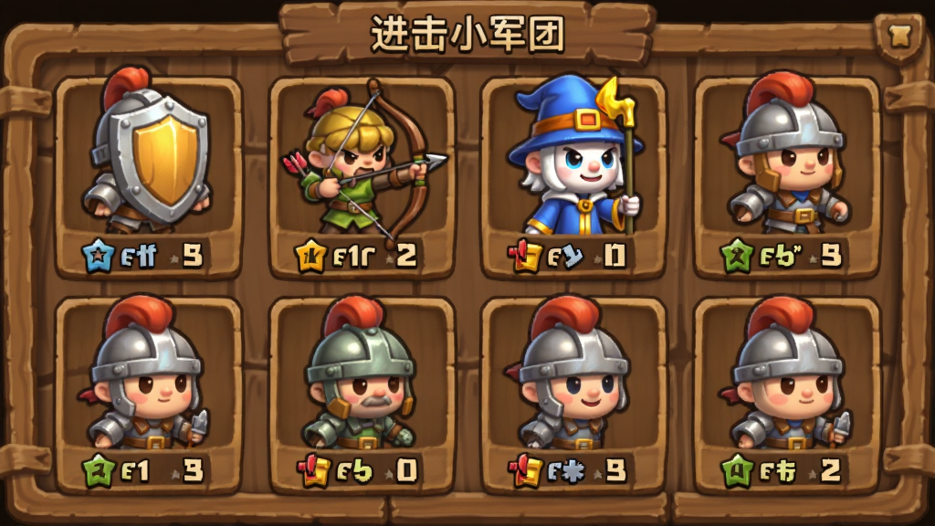 进击小军团游戏内的兵种选择界面,画面中展示多个卡通小兵头像和属性数值,有盾兵、弓箭手、法师等不同职业图标,布局清晰整齐,背景是木质面板风格,Q版可爱画风,高清画质,干净无多余元素