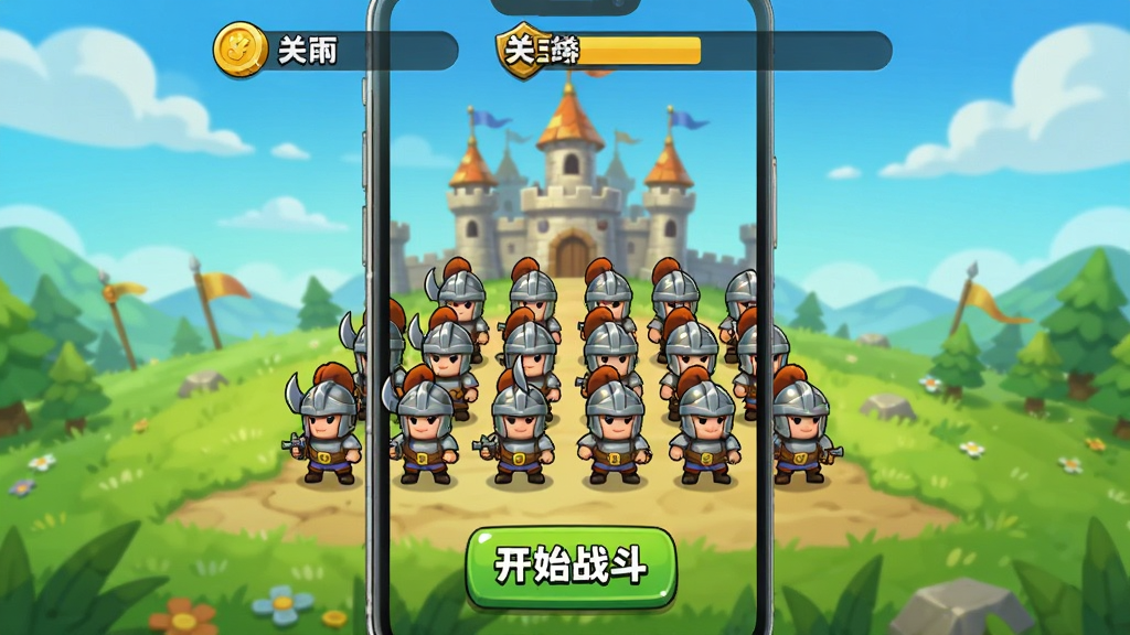 手机竖屏画面中央是进击小军团的游戏主界面,上方显示金币和关卡进度条,中间是排列整齐的卡通小兵方阵,下方有开始战斗按钮,背景是蓝天草地和城堡,风格Q版卡通,色彩明亮鲜艳,画面干净无多余元素,高清画质