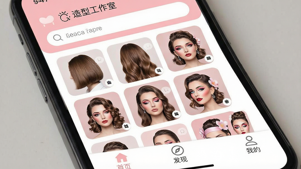 һ��չʾ�ֻ���Ļ��ͼƬ����Ļ����ʾ�����͹����ҡ�App�������棬������Ƽ���ִ������������������м��Ǹ��ַ��ͺ�ױ�ݵ�����ͼ���񣬵ײ��С���ҳ�������֡����ҵġ�����������ť������ɫ��Ϊ��͵ķ۰���ɫ���������������ɾ��޶���Ԫ�ء�