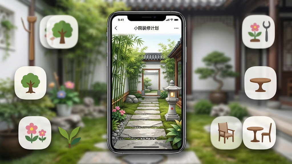 ��������ȫòչʾ������������һ���ֻ���Ļ����Ļ����ʾ�š�СԺװ�޼ƻ�����APP���棬��������һ����������е���ʽСͥԺ������ʯ��·�����Ӻ�ʯ�������ֻ���Χɢ����һЩ���Ԫ��ͼ������ľ�����ݡ����Σ����岼��Ϊ���й�ͼ���Ű������������ܰдʵ��ϸ�����ֻ���������͵���Ӱ��������ģ����ͥԺʵ�������ʸɾ��������޶���Ԫ��