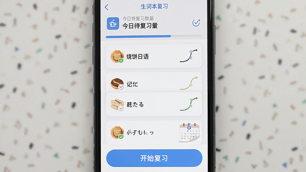 �ձ�����APP�����ʱ���ϰ���棬�������ֻ���Ļ����Ļ����ʾ�����б��͸�ϰ������������Ϊ����ͳ�ƽ��մ���ϰ�������м䵥�ʿ�Ƭ�б����ײ���ʼ��ϰ��ť�����Ϊ��ˬ���߷磬ϸ�ڴ��м�������ͼ��ʹ����������ʸɾ����޶���Ԫ�أ�ͼƬ�����ְ������ձ����
