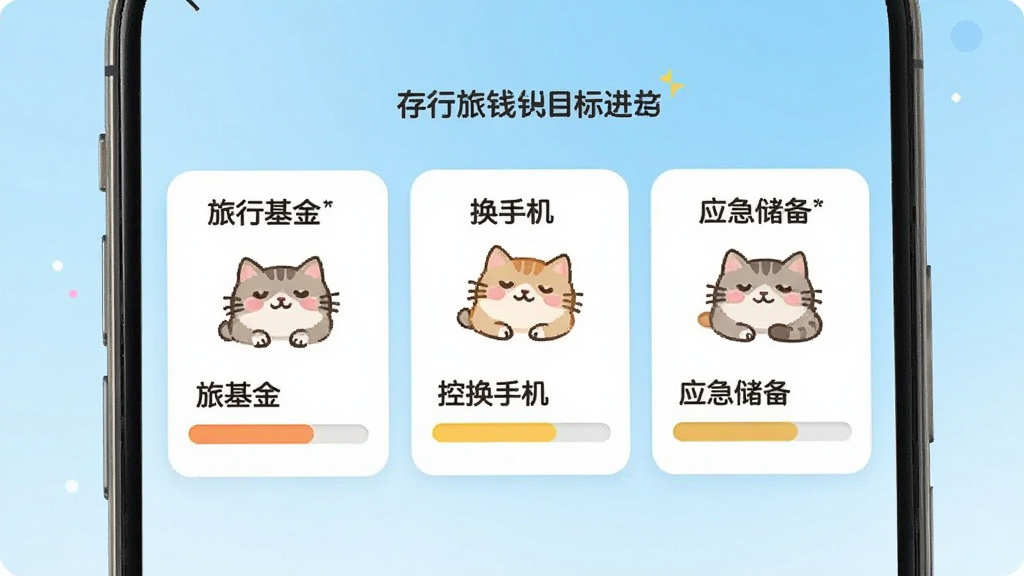 һ���ֻ���Ļչʾ��ǮĿ�����ҳ�棬��������������ǮĿ�꿨Ƭ���ֱ��ע�����л��𡱡����ֻ�����Ӧ����������ÿ����Ƭ���пɰ�����è����ͽ�������������ǳ��ɫ���䣬�����ÿɰ������ʸɾ�������Ԫ��