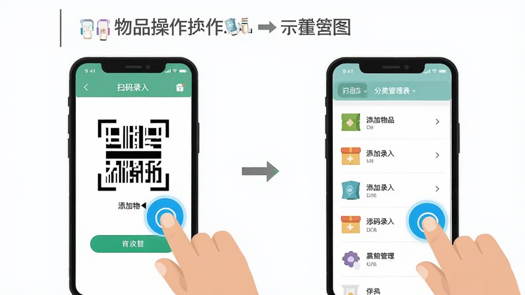 �ҵ���ƷApp�����̳�ʾ��ͼ���������ֻ���Ļ��ʾ��������Ʒ��ɨ�����ͷ������ҳ�棬����Ϊ�ֻ�����������ʾ�������������ʾɨ��¼�롢�Ҳ���ʾ�����б������Ϊ��ƽ���̳̲�ͼ��ϸ������ָ���λ���и�����ʾ�����ʸɾ��޶���Ԫ��