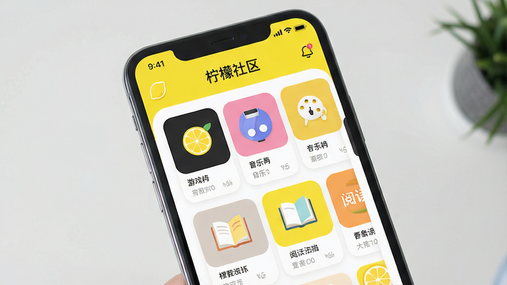 һ��չʾ��������App���Ľ����ͼƬ������������һ����ˬ�������ֻ���Ļ����Ļ����ʾ��������App����ҳ����ҳ���и�����ȤȦ�ӿ�Ƭ����Ϸ�����֡��Ķ������������ʻƺͰ�ɫΪ��ɫ�������ּ������������ִ���ƽ����ϸ��Բ�󣬻��ʸɾ����޶���Ԫ�أ�ͼƬ�д����֡�������������
