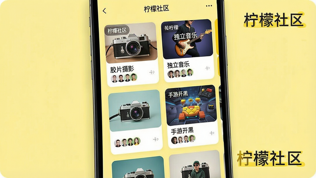 һ��չʾ��������App��ȤȦ���Ƽ�ҳ���ͼƬ������������һ���ֻ���Ļ����Ļ����ʾ��������App�Ľ��棬�������ж����ȤȦ�ӿ�Ƭ���硰��Ƭ��Ӱ�����������֡������ο��ڡ�����Ƭ����Ȧ�����ƺͳ�Աͷ�񣬱����ǵ���ɫ���������룬������£����ʸɾ���ͼƬ�д����֡�������������