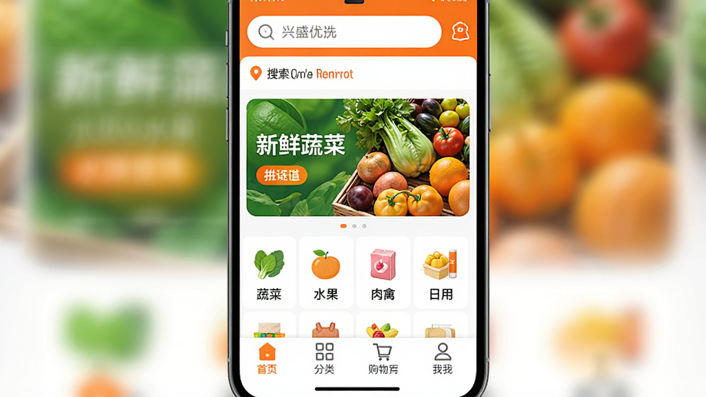 �ֻ���Ļ����ʾ��ʢ��ѡApp��ҳ���棬������������Ͷ�λ��ַ���м��������߲�ˮ���Ĵ���banner���·��Ƿ���ͼ�����߲ˡ�ˮ�������ݡ����ðٻ����ײ�����������ҳ�����ࡢ���ﳵ���ҵ��ĸ�ѡ�������ɫ�Գ�ɫ�Ͱ�ɫΪ��������������������ʸɾ��������޶���Ԫ��