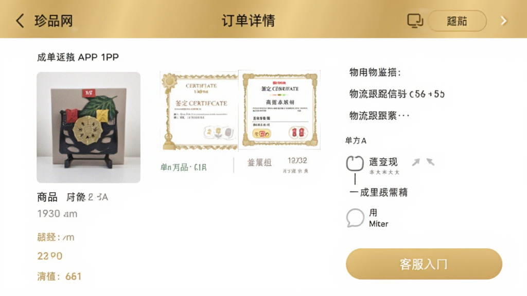 ��Ʒ��APP�Ķ�������ҳ���ͼ��������չʾ��һ������ɶ�������ϸ��Ϣ��������ƷͼƬ������֤������ͼ������������Ϣ�Ϳͷ���ڰ�ť�������԰�ɫΪ�ף���ɫ��׺�������������������ʸɾ����޶���װ��Ԫ��