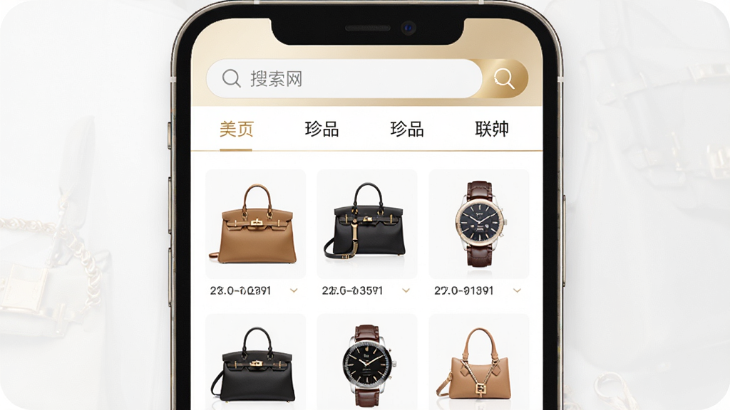 һ���ֻ���Ļչʾ��Ʒ��APP��ҳ��ͼƬ��������������Ʒ��APP�Ľ��棬������������ͷ��ർ�����м�չʾ�Ÿ����ݳ�Ʒ��������������ε�ͼƬ�������԰�ɫ�ͽ�ɫΪ��ɫ�������߶˼�࣬ϸ�ھ��£������������޶���Ԫ��