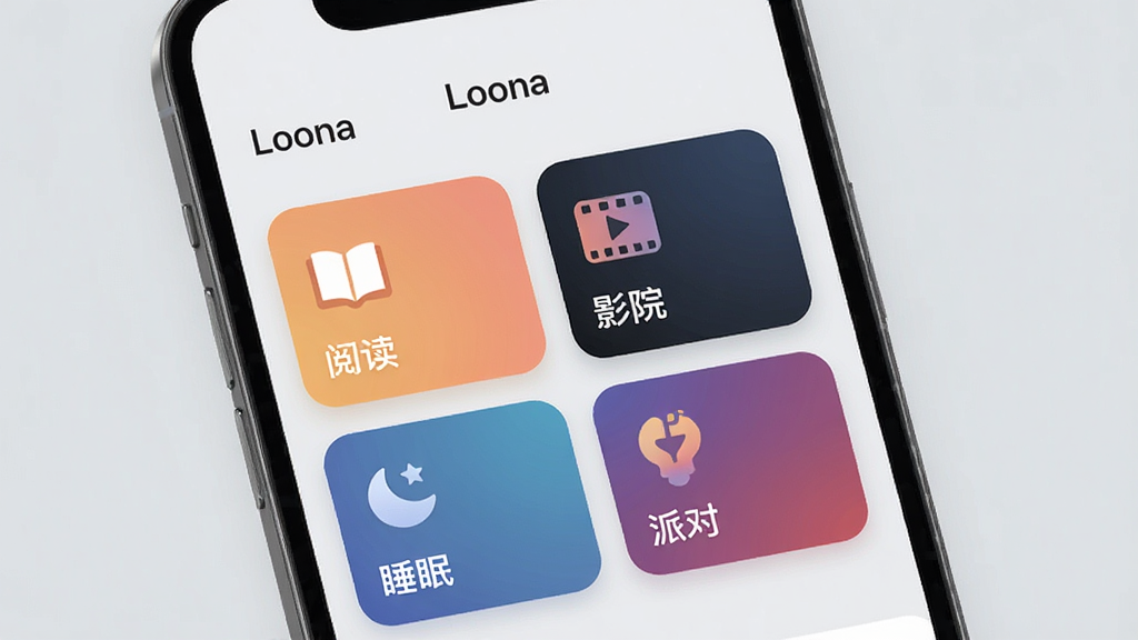 һ��չʾ���ܼҾӳ���ģʽ�л�������ֻ���ͼ���ͼ���ֻ���Ļ��ʾ��Loona��Ӧ���еĳ���ѡ��ҳ�棬�С��Ķ�����ӰԺ����˯�ߡ����ɶԡ��ĸ���Ƭʽ��ť��ÿ����Ƭ���ж�Ӧ��ͼ��ͷ�Χɫ��������ǳ��ɫ������ִ���ƽ��ϸ��Բ�󣬻��ʸɾ�