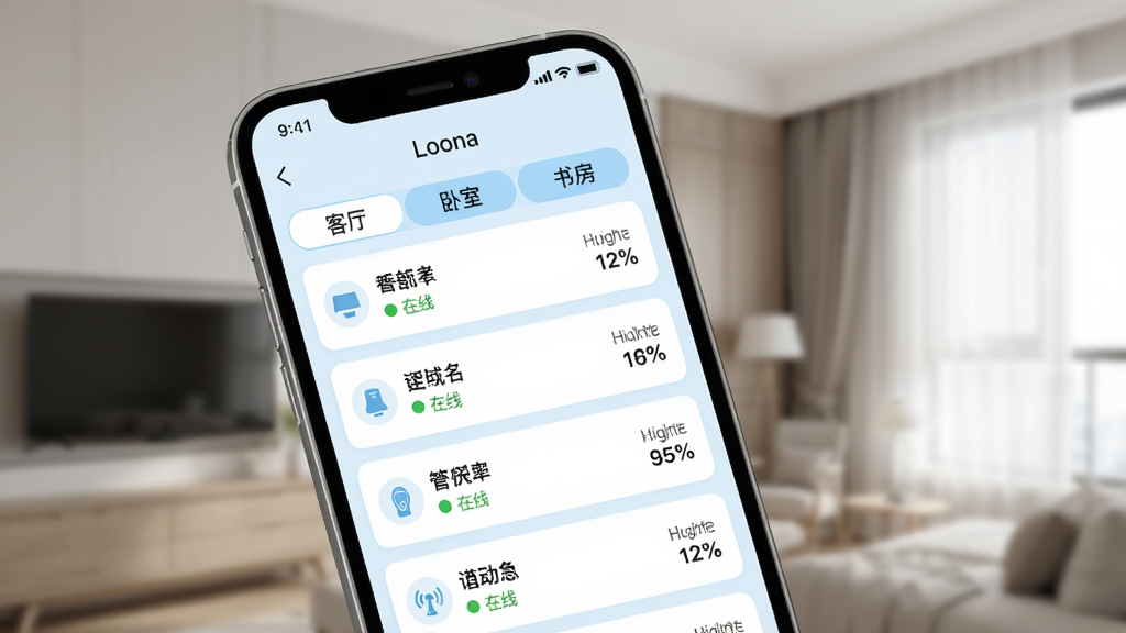 һ��չʾ���豸�������������ֻ�����ͼ���ֻ���Ļ��ʾ��Loona��Ӧ���е��豸�б�ҳ�������С������������ҡ����鷿�������ǩ���·�ÿ���豸��ʾ���ơ�����״̬�����Ȱٷֱȣ������԰�ɫ��ǳ��ɫΪ�������ɾ����򣬻�������