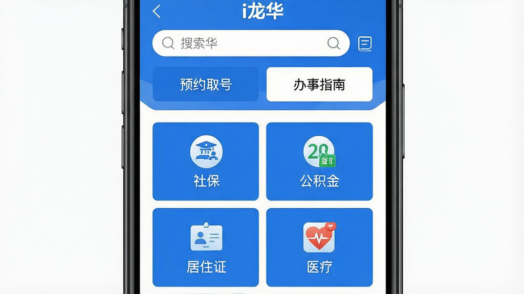 һ��չʾi����APP���������ҳ�����ͼ��ʾ�ʣ��������ֻ���Ļ��ʾ��i������APP���������ҳ�棬�����϶�����������͡�ԤԼȡ�š�������ָ�ϡ������ڣ��м��Ƿ���������񣬰������籣���������𡱡���ס֤����ҽ�ơ���ͼ�꣬�Ű������������������Ӧ�õ�������ɫ��ƣ�ϸ����ͼ���ࡢ���ֱ�ע��ȷ�����ʸ���ɾ��޶���Ԫ�ء�