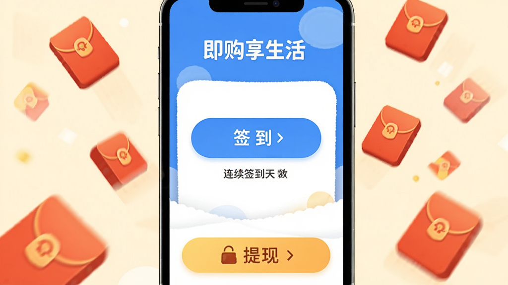 即购享生活App签到页面,手机屏幕中央显示签到按钮和连续签到天数,周围有红包图标飘落,底部有提现入口,配色活泼,风格轻松,画质干净无多余元素