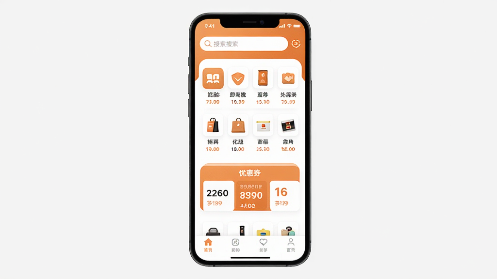 即购享生活App首页界面截图,手机屏幕显示清晰的商品分类图标和优惠券聚合区域,顶部有搜索栏,底部导航栏简洁,整体配色以暖橙色和白色为主,布局干净整洁,风格现代扁平,画质清晰无多余元素