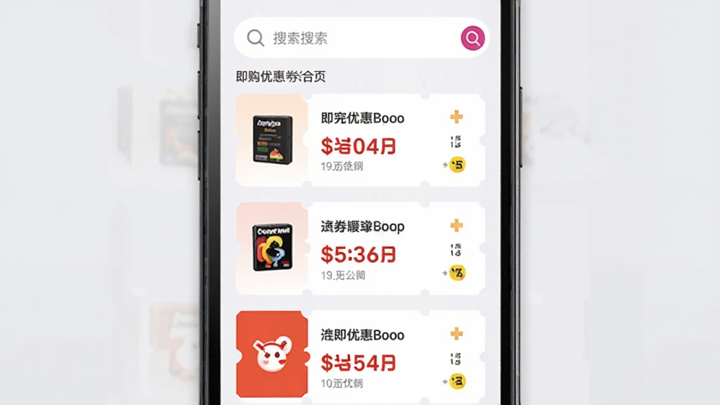 即购享生活App优惠券聚合页面,手机屏幕显示多个电商平台的优惠券卡片列表,每张卡片上有商品小图和折扣金额,顶部有搜索框,背景为浅灰色,界面清爽,文字清晰可读,画质干净无多余元素