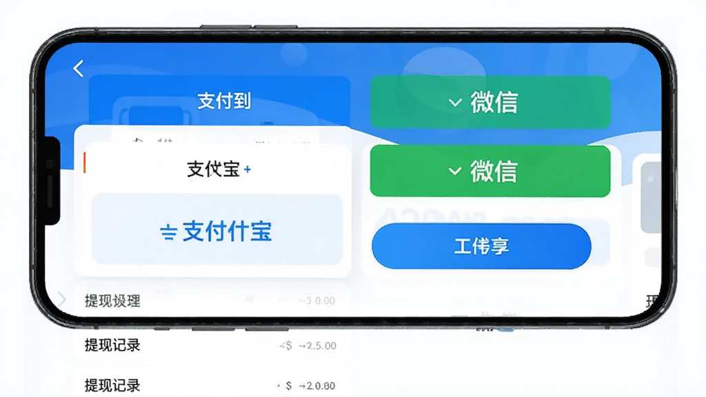 即购享生活App提现页面,手机屏幕显示提现到支付宝和微信的选项,下方有提现记录列表,界面简洁,按钮醒目,配色以蓝色和白色为主,画质干净无多余元素