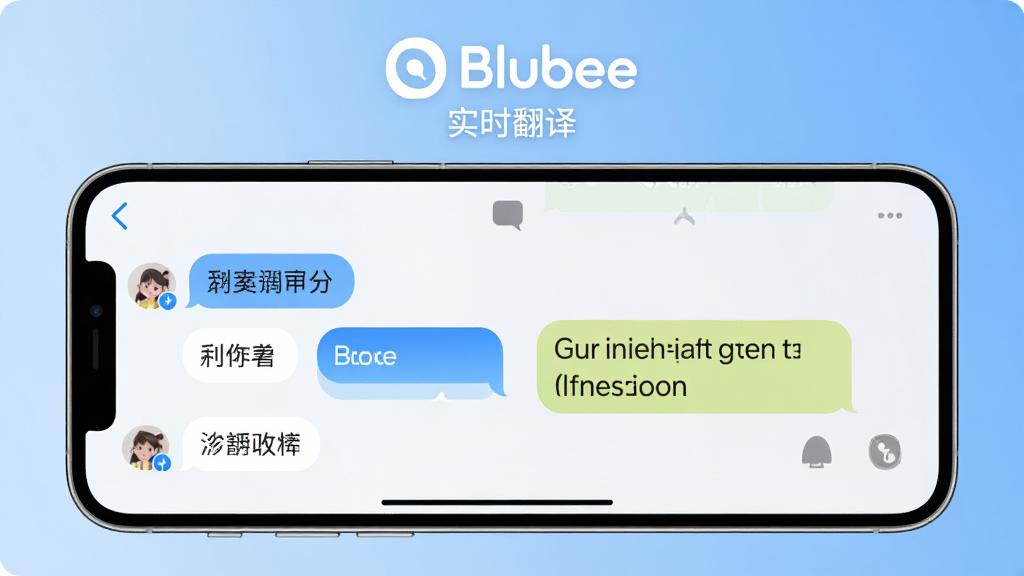 һ��չʾBlubee������ʵʱ���빦�ܵ�ͼƬ��������һ���ֻ�������ʾ������棬�����������Ϣ���ݣ��Ҳ���Ӣ�ķ���������Ļ�Ϸ���Blubee��logo�͡�ʵʱ���롱���ֱ�ʶ����������ͽ�����ɫ�������Ƽ��У�ϸ�����������ʸɾ����޶���Ԫ��