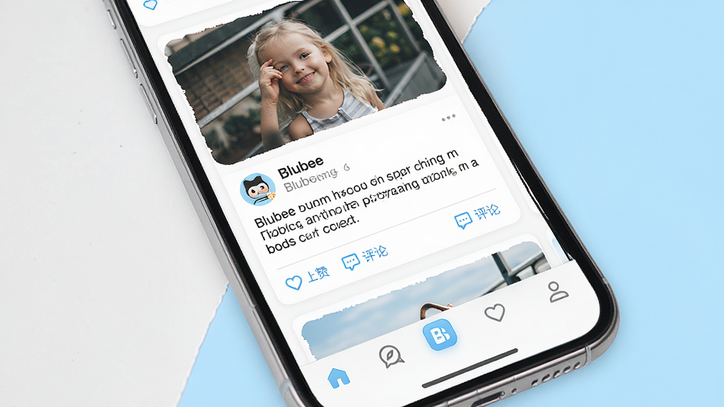 һ��չʾBlubee��̬�������ܵ�ͼƬ���ֻ���Ļ��ʾBlubee�Ķ�̬�㳡ҳ�棬�Ϸ����û�������ͼ�Ķ�̬��Ƭ������ͷ���ǳơ��������ݺ͵������۰�ť���ײ���Blubee�ĵ������������ǰ�ɫ��ǳ��ɫ���䣬�����ˬ�罻��ǿ��ϸ�ھ��£����ʸɾ����޶���Ԫ��