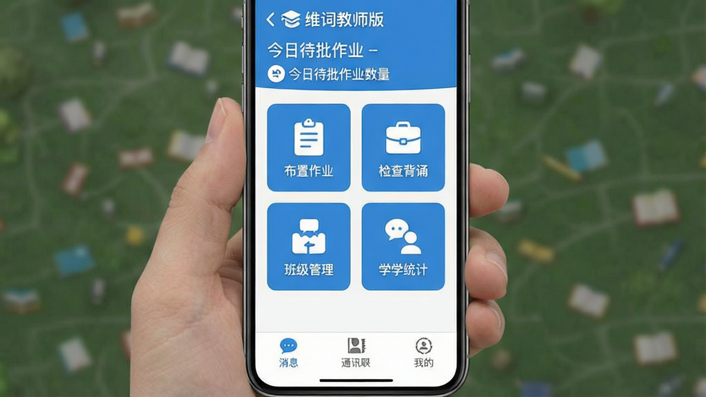 维词教师版 手机应用主界面 布局清晰 顶部显示班级名称和今日待批作业数量 中间是布置作业 检查背诵 班级管理 学情统计四个大图标按钮 底部为消息 通讯录 我的三个选项卡 蓝白配色 风格现代扁平 画质干净 无多余元素