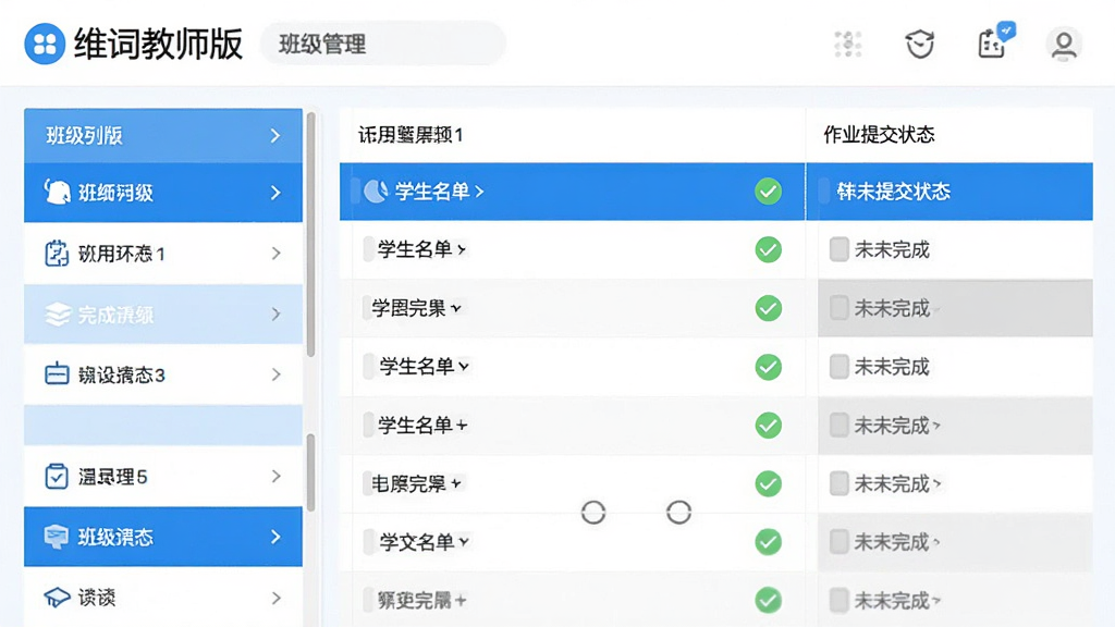 维词教师版 班级管理界面 左侧是班级列表 右侧是学生名单和作业提交状态 已完成打勾 未完成显示灰色 界面简洁 蓝白配色 画质清晰 无多余元素