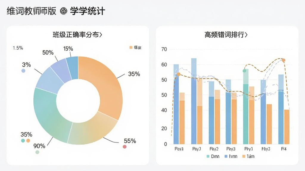 维词教师版 学情统计页面 饼状图展示班级正确率分布 柱状图展示高频错词排行 数据可视化清晰 配色柔和 画质干净 无多余元素