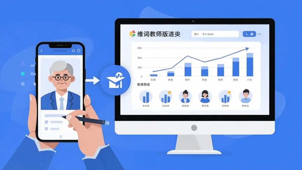 维词教师版 手机端和电脑端同步使用场景 老师用手机批改作业 电脑屏幕显示班级统计图表 数据同步图标连接两端 扁平化插画风格 蓝白配色 画质干净 无多余元素