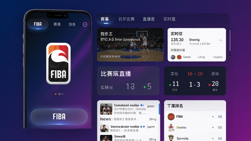 FIBA����Ӧ��������ȫòչʾ������Ϊһ�������ֻ���Ļ����Ļ������ʾFIBA����ٷ���־�͵������Ź����������¿�Ƭ�������Ϸ������·��ർ�������м��Ǳ���ֱ����ں�ʵʱ�ȷְ壬�·���������Ѷ��������������Ű������в�Σ�����ִ��˶��У�ϸ���ϰ�ť��΢��Ч��������������ɫ����ɫ�Ľ��䣬���ʸ��壬�ɾ��޶���Ԫ��