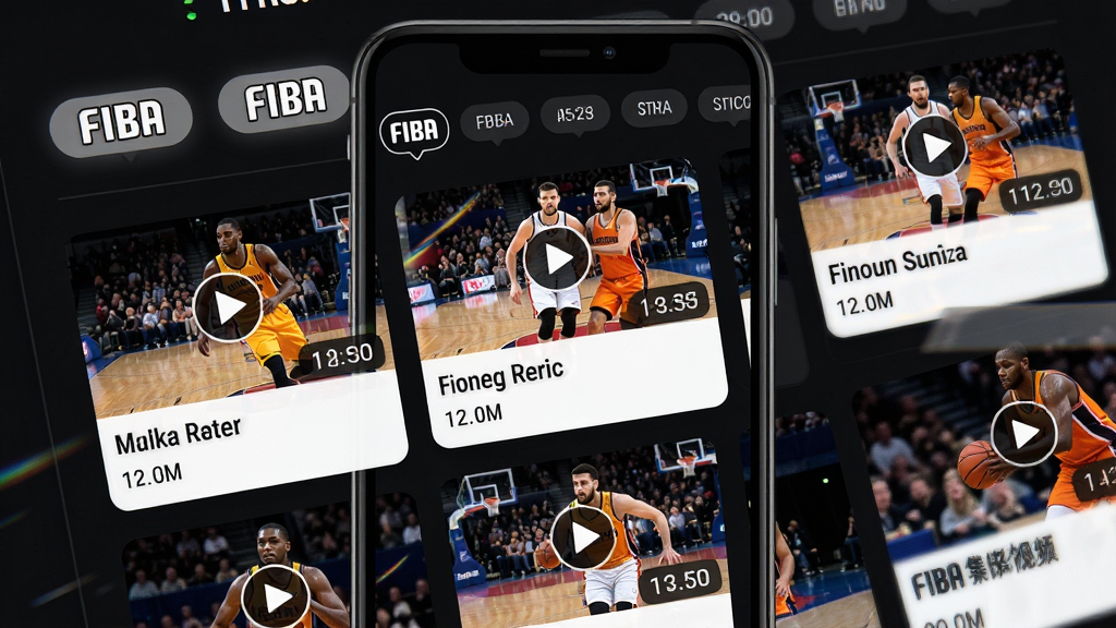 FIBA���򾫲ʼ�����Ƶ�б�����չʾ������Ϊ�ֻ���Ļ��ʾ�����Ƶ����ͼ���񣬲����Ϸ�������ɸѡ��ǩ���м�����Ƶ��Ƭ��ÿ�ſ�Ƭ������������ͼ������Ͳ���ʱ�����Ű�������£���񶯸л�����ϸ������Ƶ�����в��Ű�ť���ӣ�����Ϊ��ɫģʽ�������������ɾ��޶���Ԫ��