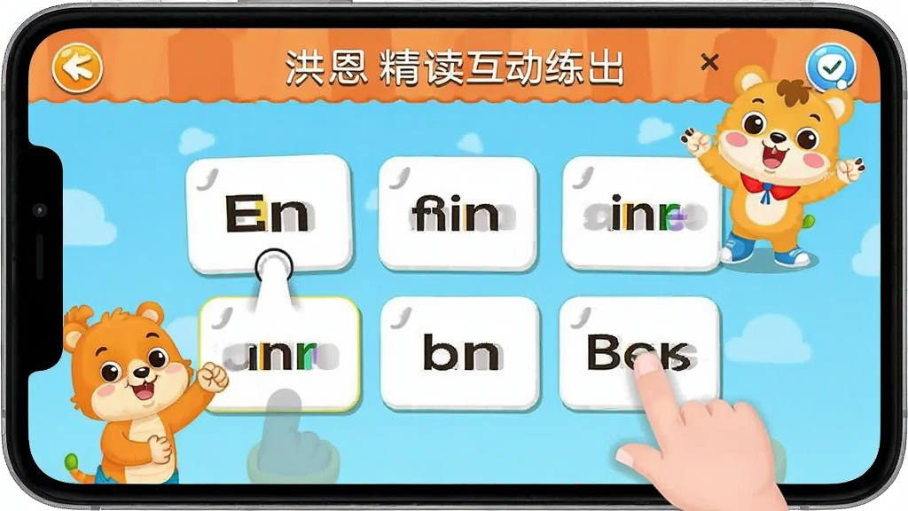 ����ּ��Ķ�App�ڻ汾����������ϰ�Ľ����ͼ������չʾһ��Ӣ���������С��Ϸ����Ļ���м�������˳��ĵ��ʿ�Ƭ��������Ҫ����ָ�϶����г���ȷ���ӣ��Ա��п�ͨС�����ڼ��ͣ�����ɫ�ʻ��ã��������������ɰ������ʸɾ����޶���Ԫ��