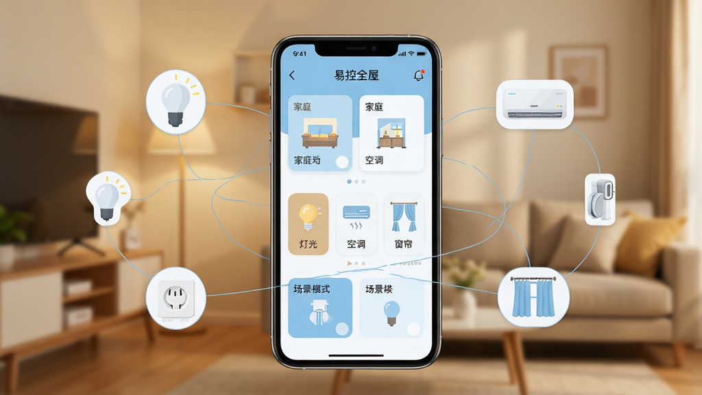 ����������һ�������ֻ����ֻ���Ļ����ʾ���׿�ȫ�ݡ�App�������棬���沼�ּ�࣬�Ϸ��Ǽ�ͥ���俨Ƭ���м��ǵƹ⡢�յ��������ȳ����豸��ݿ���ͼ�꣬�·��ǳ���ģʽ��ť��������ǳ���Ͱ�ɫΪ��ɫ��������ִ���ƽ���ֻ���Χ���������ܵ��ݡ����ܲ������յ��ʹ��������Сͼ�꣬��ϸ�����ӱ�ʾ������ͨ����������ܰ�Ŀ���һ�ǣ�������ͣ����ʸɾ��������޶���Ԫ��