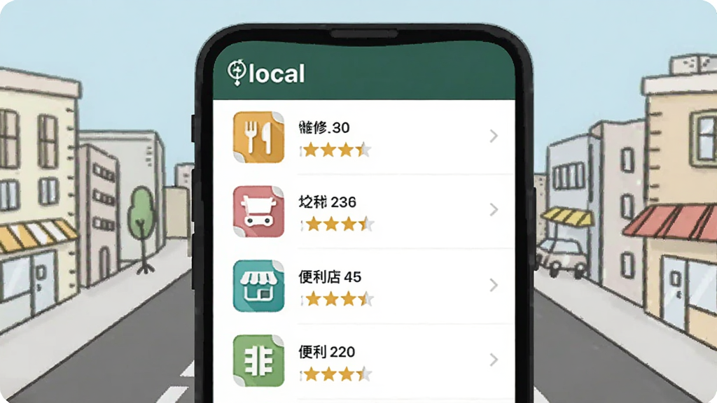һ���ֻ���Ļ��д����Ļ��ʾ��local��Ӧ�õĸ��������б����б����в�����ά�޵ꡢ�������ͼ�꣬ÿ��ͼ���Ա��о����ǩ���Ǽ����֣������ǳ��нֵ��ļ�ʲ廭��������±�ƽ�����ʸɾ����޶���Ԫ��