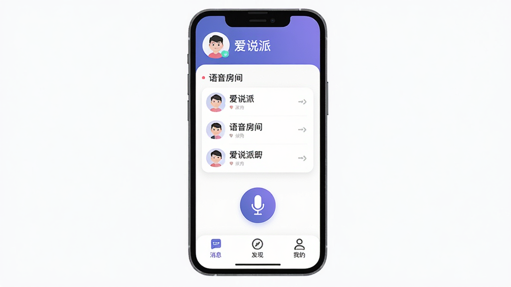 ��˵��App������չʾ������Ϊ�ֻ���Ļ���棬���ֶ�����ʾ�û�ͷ����ǳƣ��м������������б�����˷�ͼ�꣬�ײ�Ϊ��Ϣ�����֡��ҵ�����ѡ����Ű�������������ִ���ƽ����ϸ��Բ�󣬻��ʸɾ����޶���Ԫ�أ���Ļ����ʾ���֡���˵�ɡ�