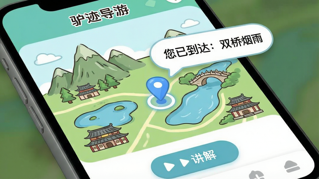 һ���ֻ���Ļ��д���棬��Ļ����ʾ�š�¿�����Ρ�App���ֻ澰����ͼ���棬��ͼ���п�ͨ����ɽ�塢�����͹Ž�����һ����ɫ��λ�������ƶ����Աߵ���������ʾ�����ѵ��˫�����ꡱ����ͼ�·��в��Ž���İ�ť��������������ˬ��ͼ��Բ�󣬻����������޶���Ԫ��